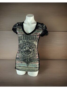 Vintage Royalty Day Trip Short Sleeve Shirt Black lace Bling Womens Large V-neck